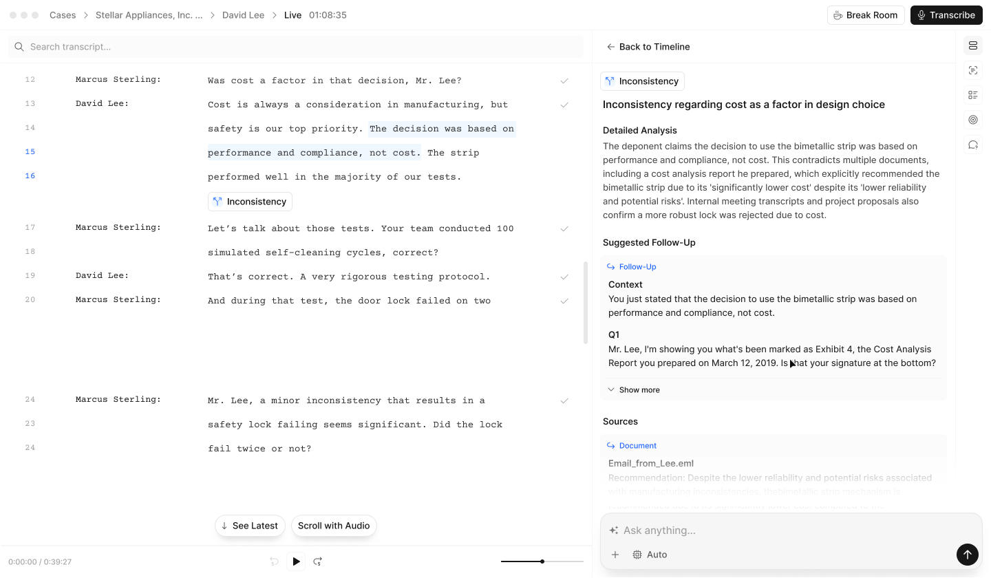 Litem review workspace showing real-time AI insights flagging an incomplete answer in a deposition transcript