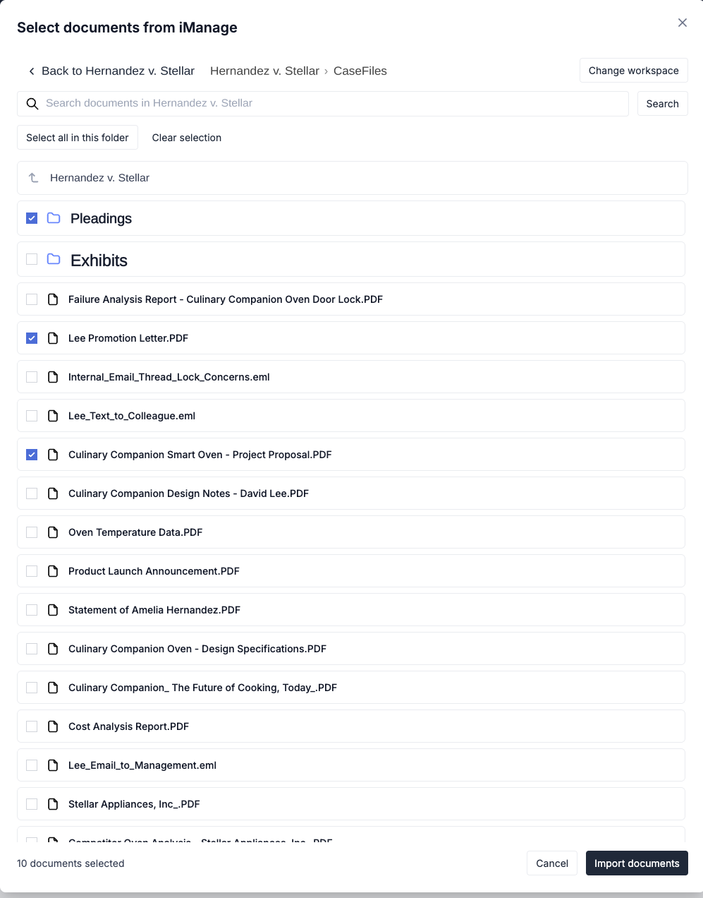 Select documents from iManage: a matter's folders and files with checkboxes, ten documents selected, and the Import documents button