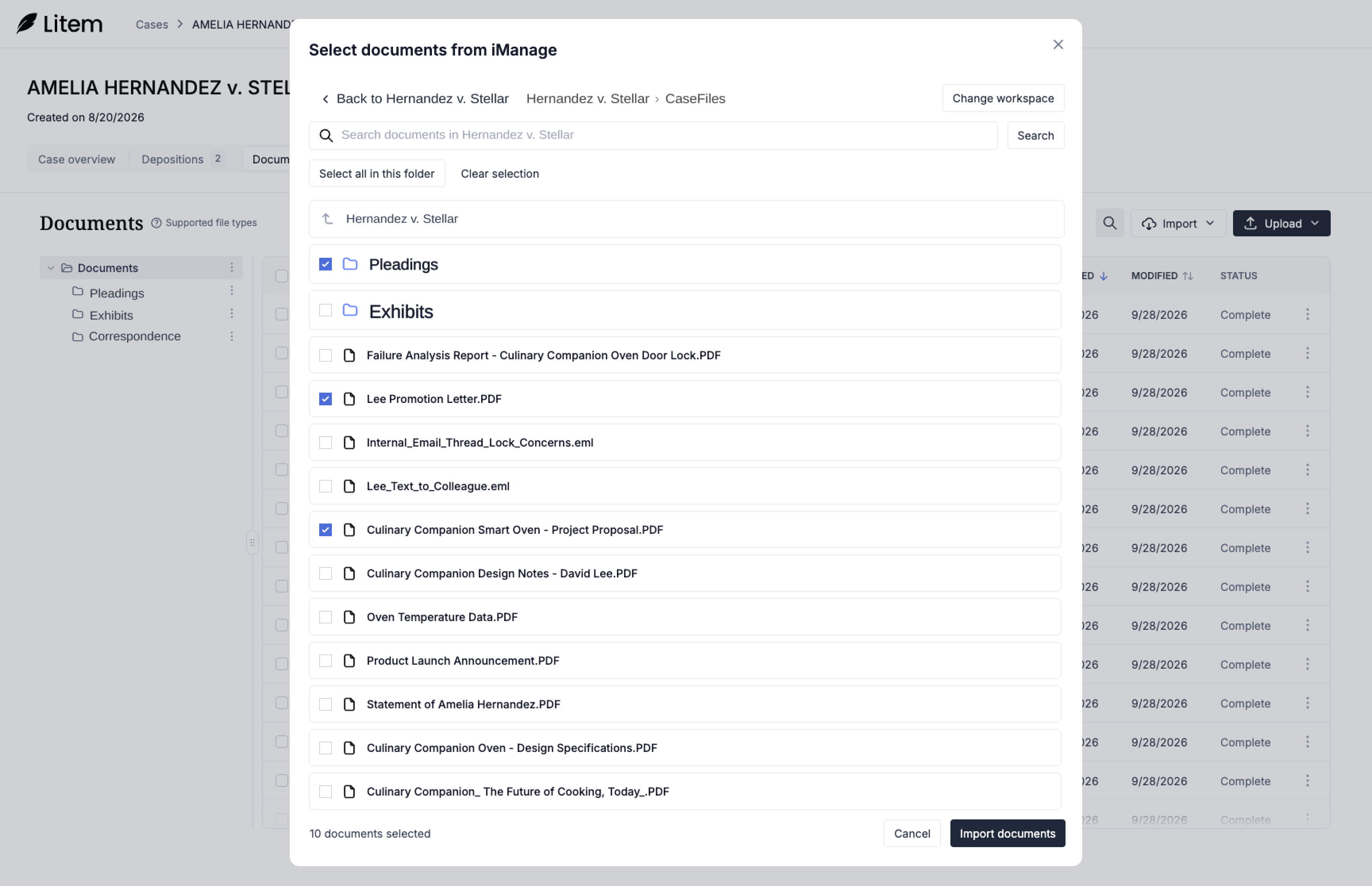 A Litem case's Documents tab with Select documents from iManage open: the matter's folders and files, ten documents selected, and the Import documents button
