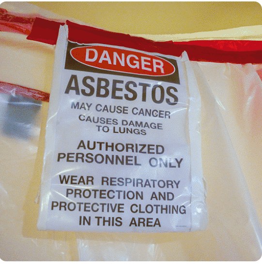 Sealed asbestos disposal bag with danger labeling