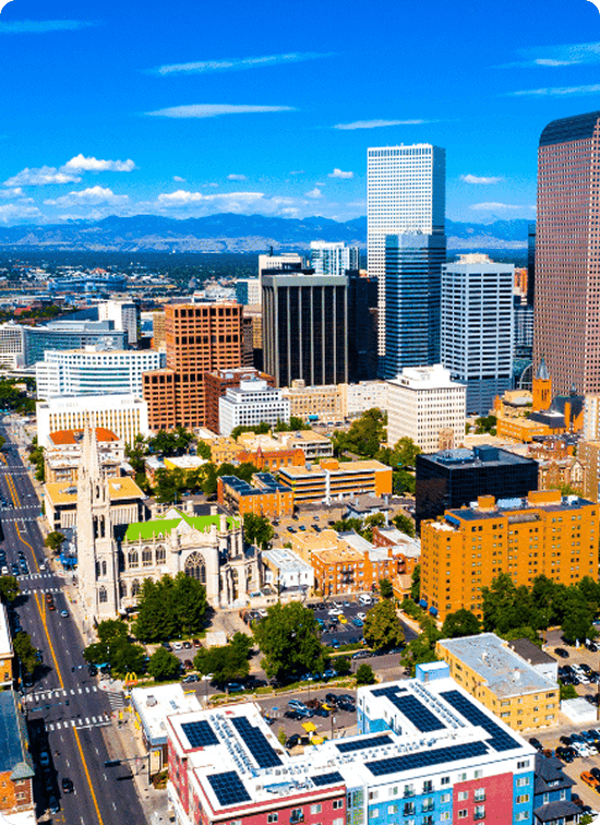 Aerial view of the Denver metro skyline near Thornton