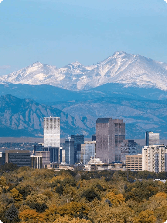 Denver metro skyline with Longs Peak on the horizon