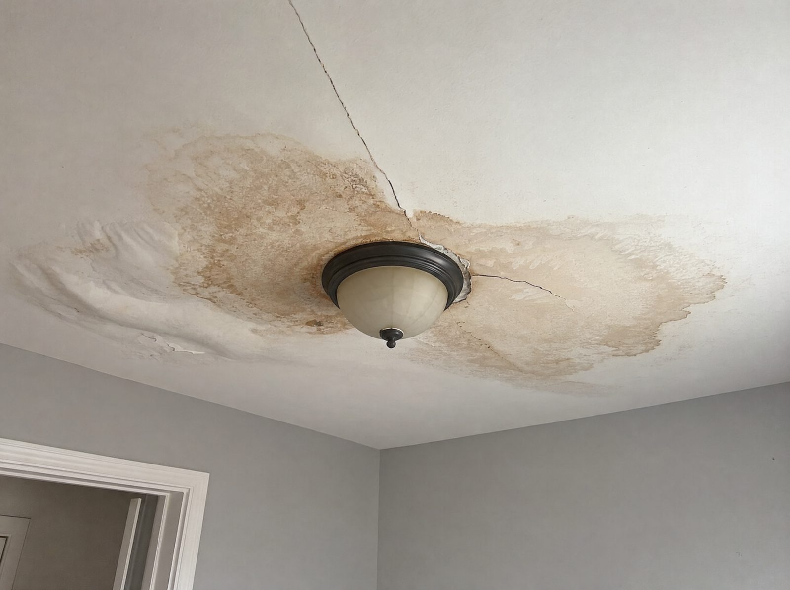 Illustrative before: water-stained sagging ceiling