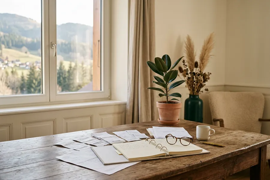 Table en bois avec des factures étalées, un classeur ouvert et une paire de lunettes