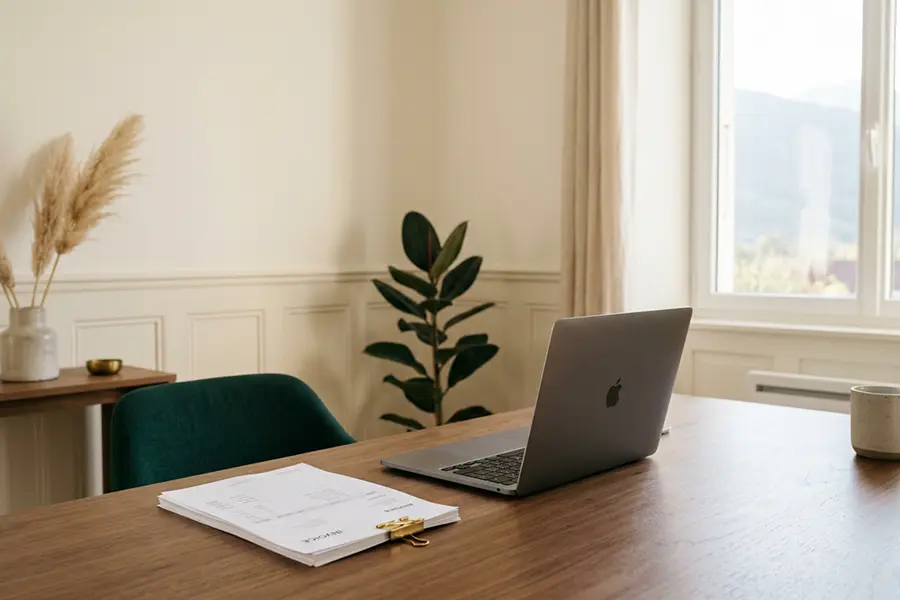 Ordinateur portable entrouvert sur un bureau en noyer, à côté d'une pile de factures papier