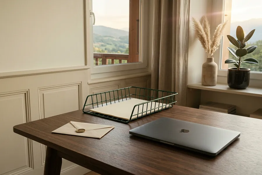 Corbeille à courrier sur un bureau en noyer avec une feuille de papier et une enveloppe fermée