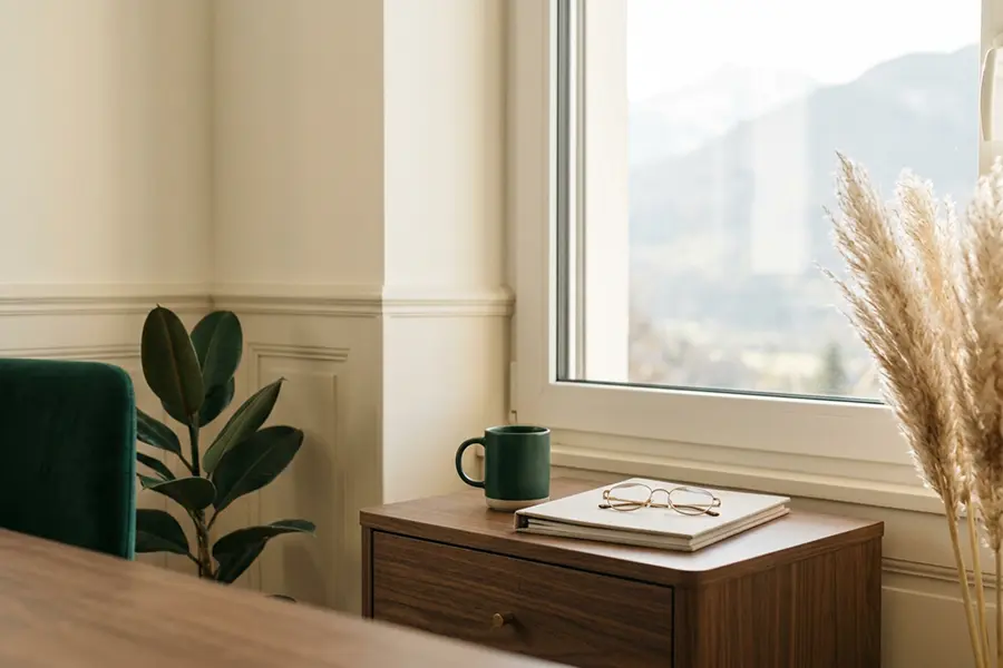Table en bois près d'une fenêtre, avec une tasse en céramique, des lunettes et une chemise fermée