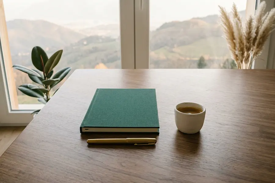 Bureau vu du dessus avec un carnet fermé et une tasse d'espresso