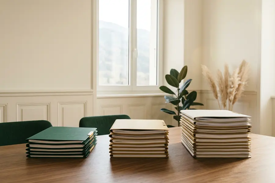 Table de travail avec trois piles de dossiers de hauteurs différentes