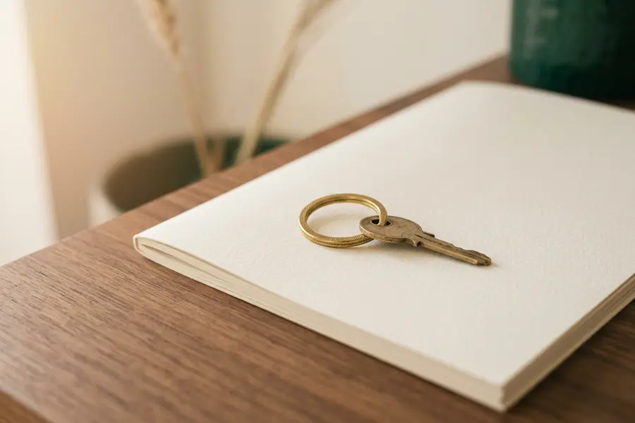 Gros plan sur un trousseau de clés posé sur un dossier fermé