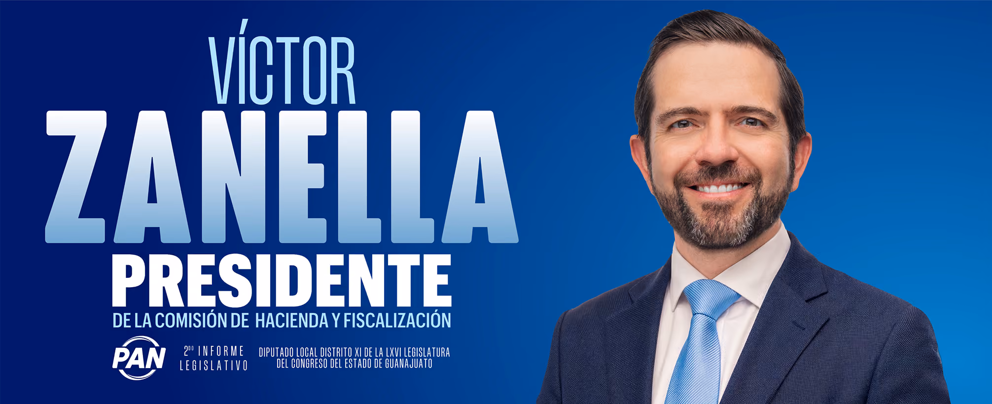 Victor Zanella smiling in a suit and blue tie on a blue background with his name and title displayed.