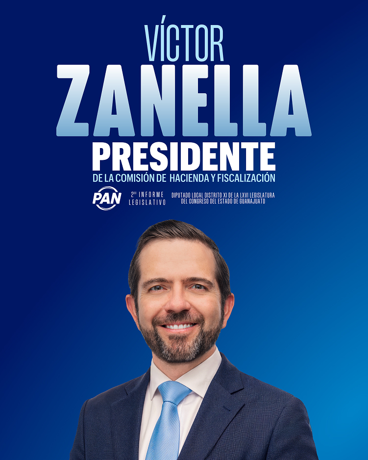 Victor Zanella smiling in a suit and blue tie on a blue background with his name and title displayed.