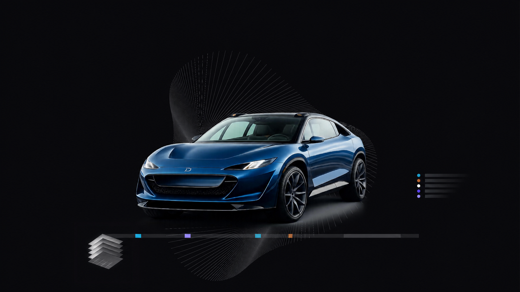 Blue modern electric car with sleek design on a dark background with abstract data graphics.