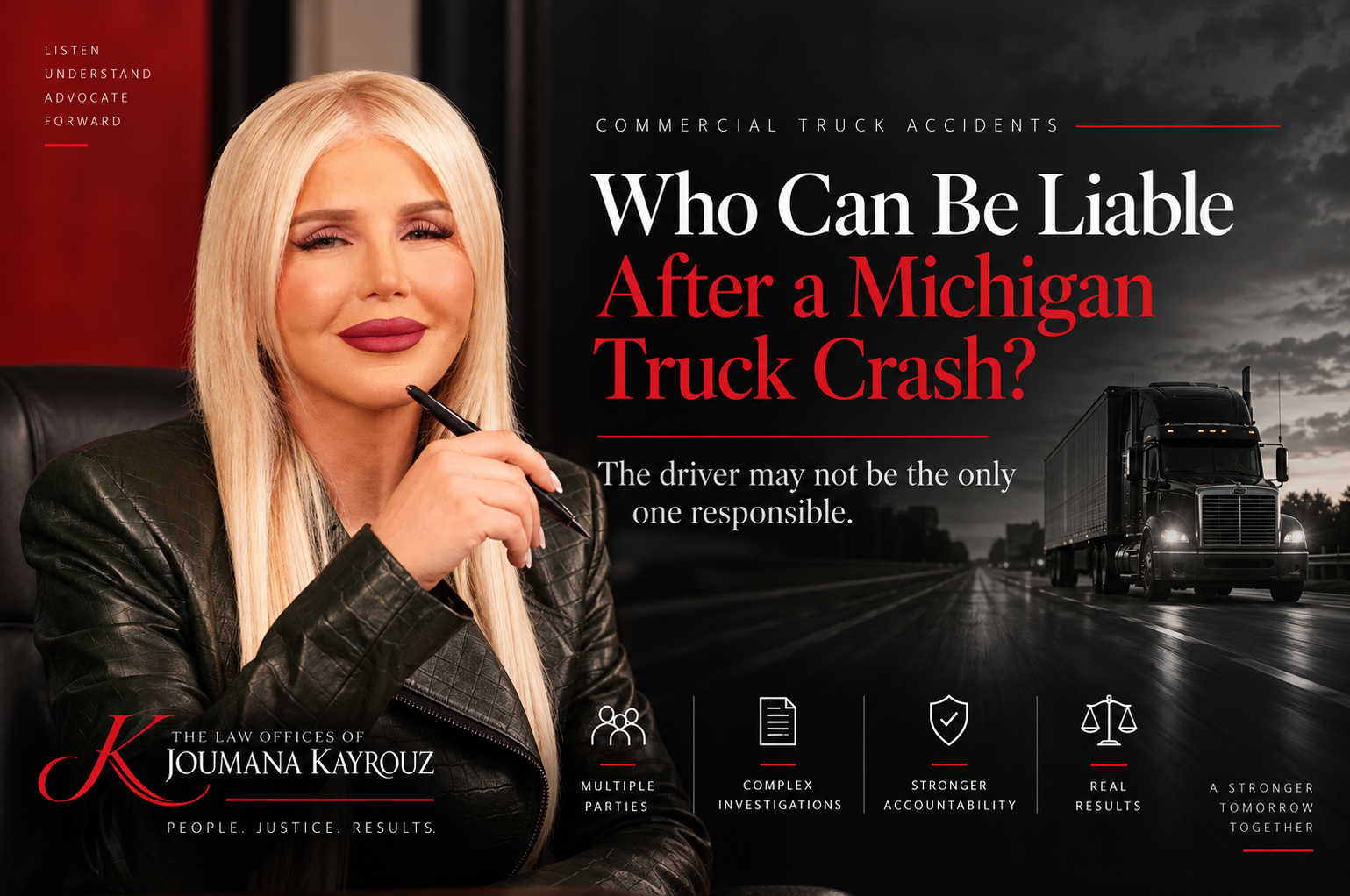 Elegant legal blog thumbnail featuring a blonde woman in a black leather jacket holding a pen, beside the headline “Who Can Be Liable After a Michigan Truck Crash?” with red accents, a dark highway background, and a commercial semi-truck image.
