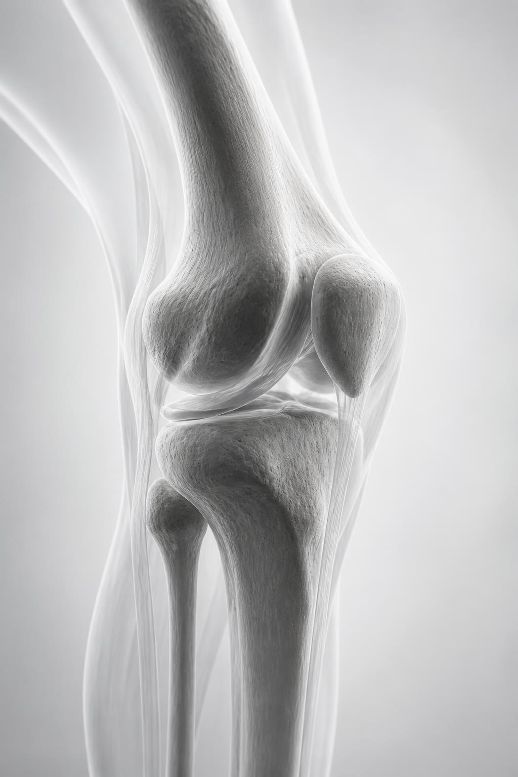 Anatomical illustration of the knee joint and cartilage