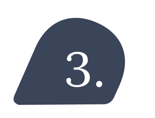 Dark blue shape with the white number 3 and a period in the center.