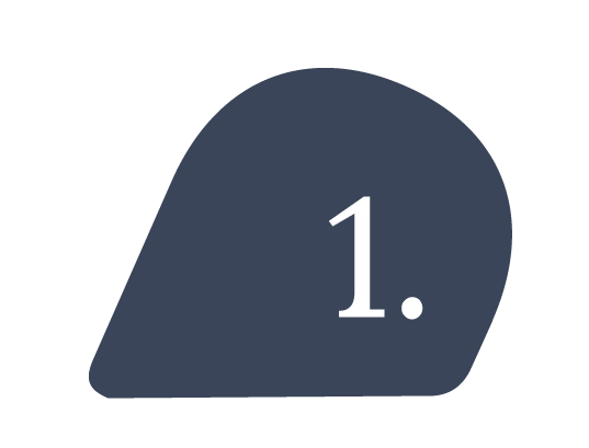 Dark blue abstract shape with white number one and a period inside.