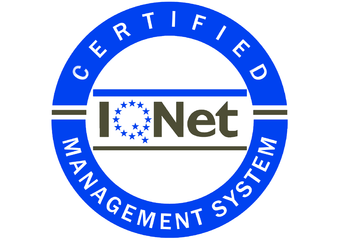 Blue circular badge with text Certified Management System and IQNet logo in the center.