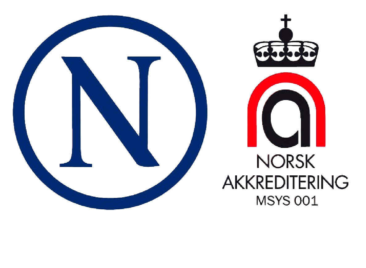 Two logos side by side: a blue 'N' in a circle and Norsk Akkreditering text with a crown symbol.