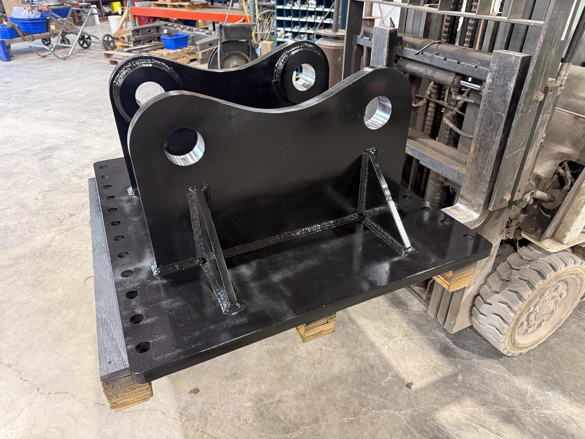 Custom excavator crusher bucket attachment under fabrication