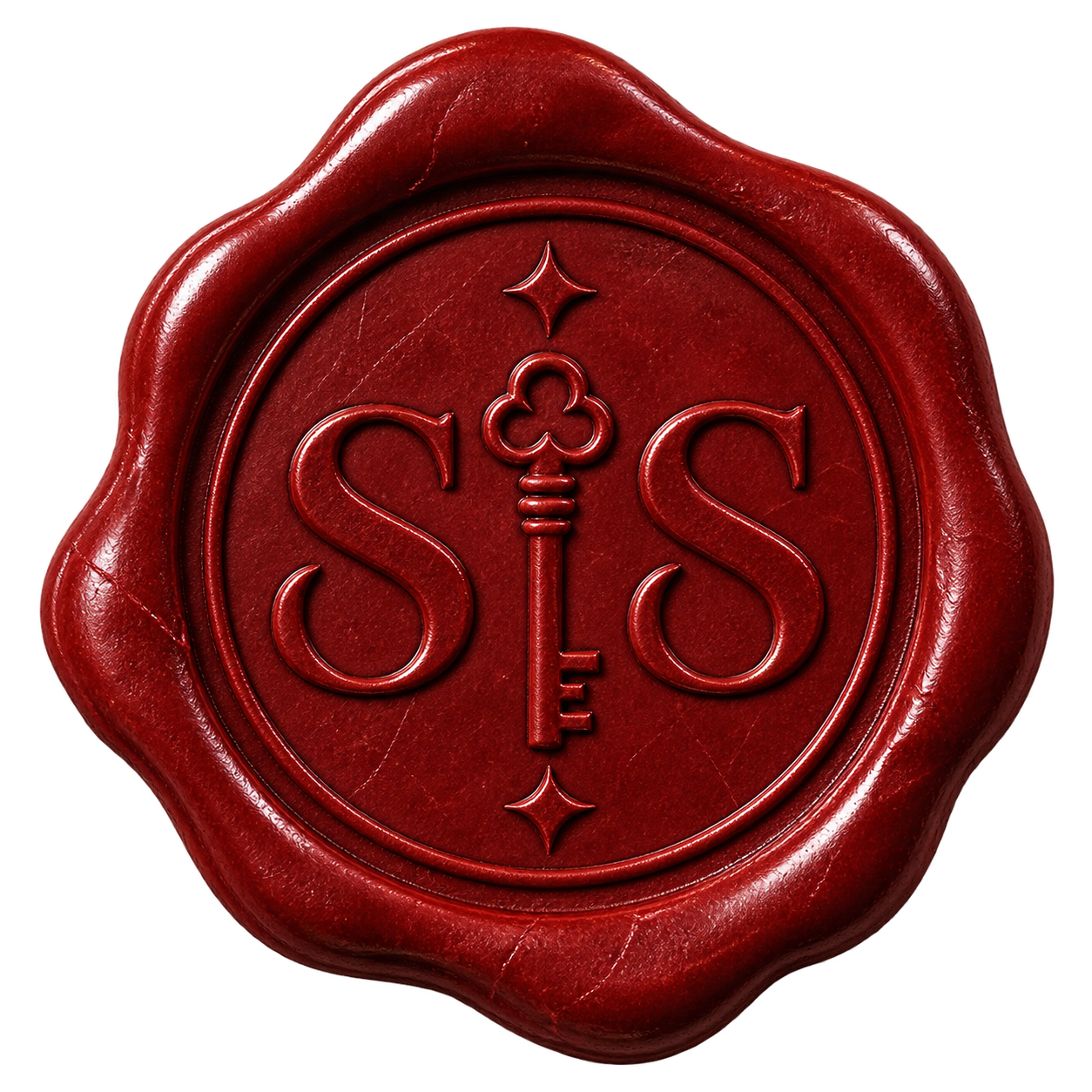 Red wax seal with a round embossed design featuring a vintage key in the center flanked by the letters S on both sides and small diamond shapes above and below the key.