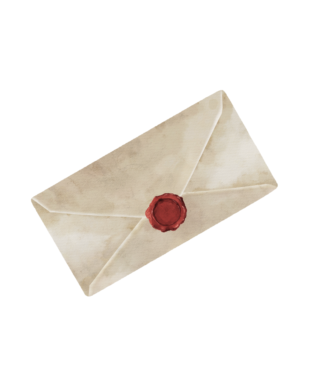 Aged beige envelope sealed with a red wax stamp, shown against a transparent background.