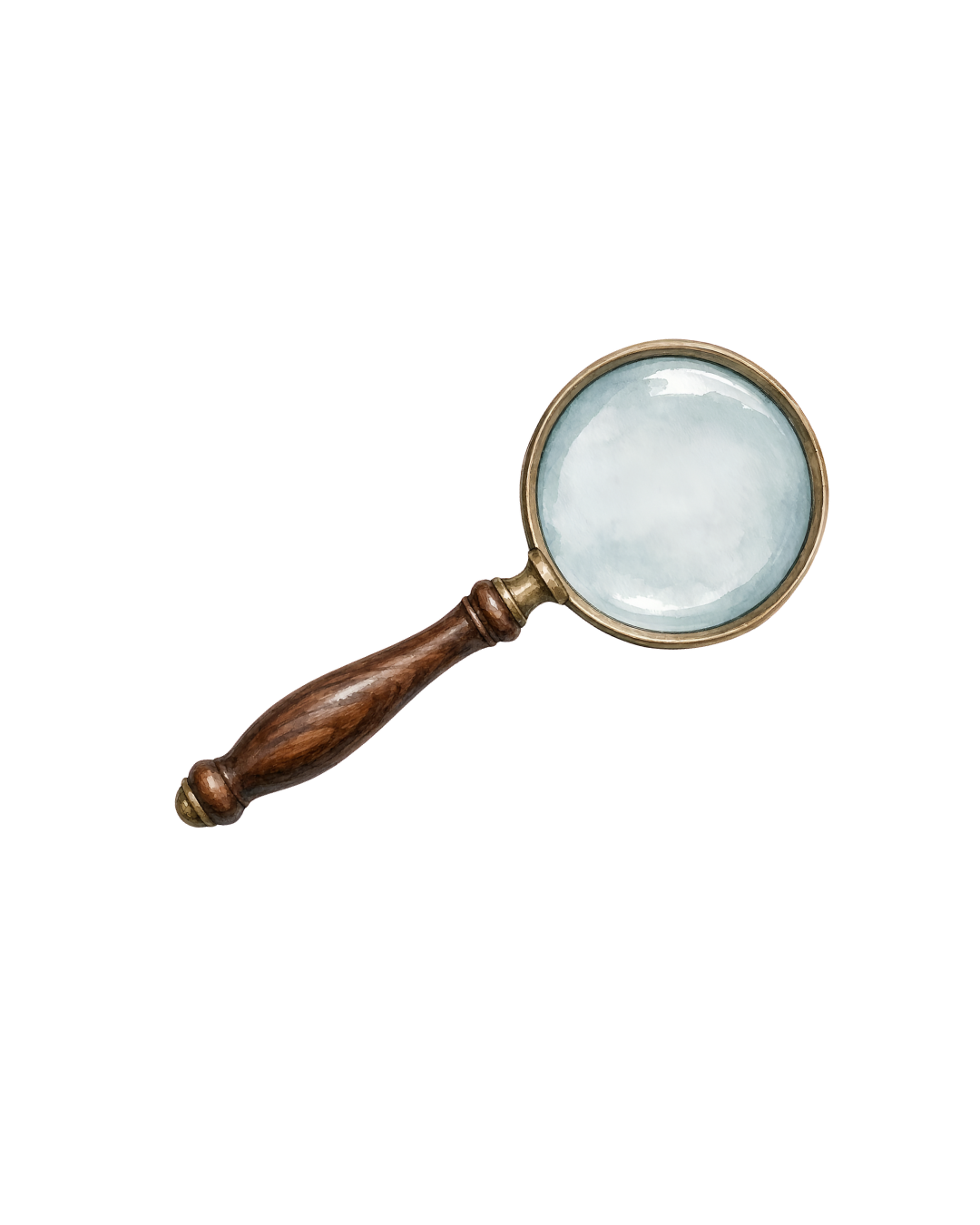 Magnifying glass with a round clear lens and a polished wooden handle.