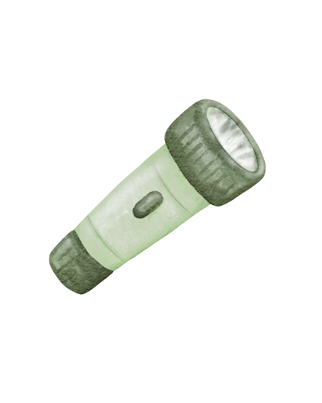 Watercolor-style illustration of a green and dark green flashlight with a button on its body.