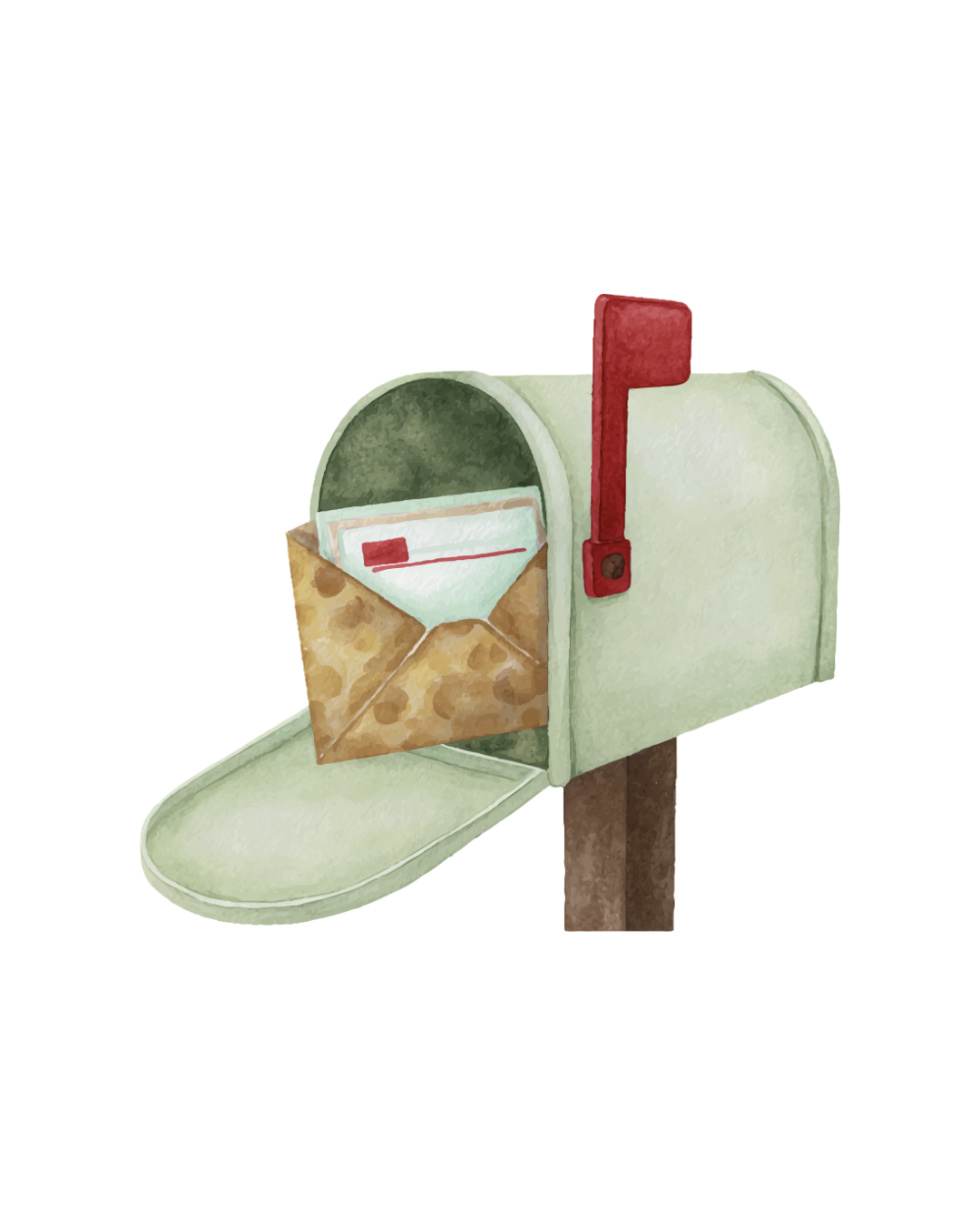 Watercolor-style illustration of a white mailbox on a wooden post with an open door showing an brown envelope and a white letter inside, and a red flag raised on the side of the mailbox.