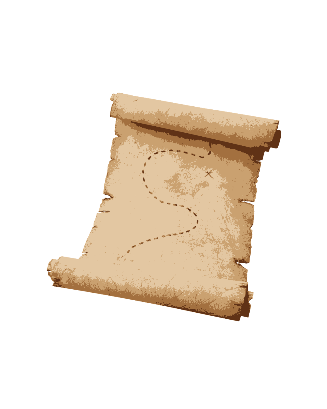 A vintage-style, rolled parchment scroll with a dotted trail forming an S shape and ending at a marked X, resembling a treasure map.
