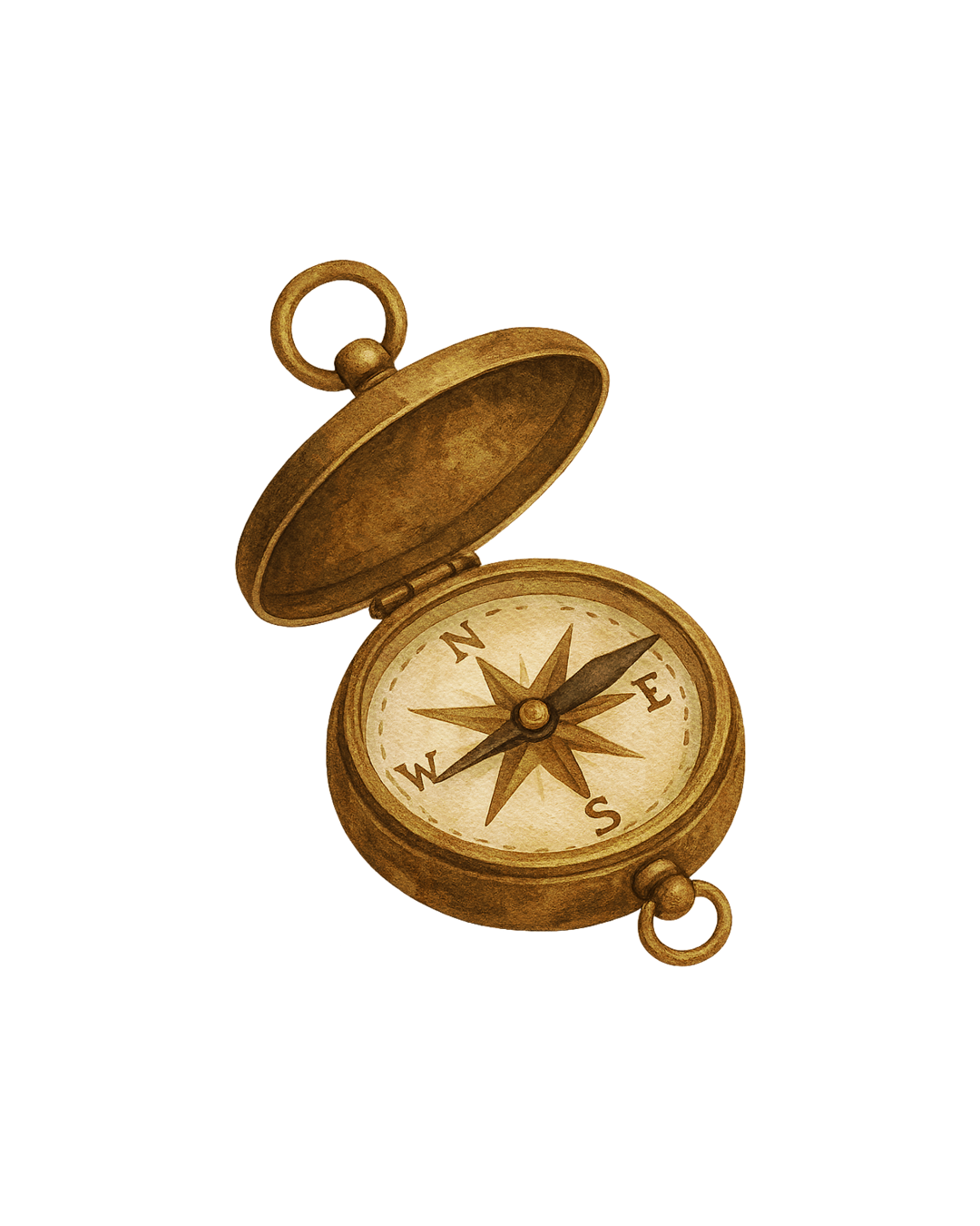 Open vintage brass compass with lid hinged open, showing a compass rose and needle pointing northeast.