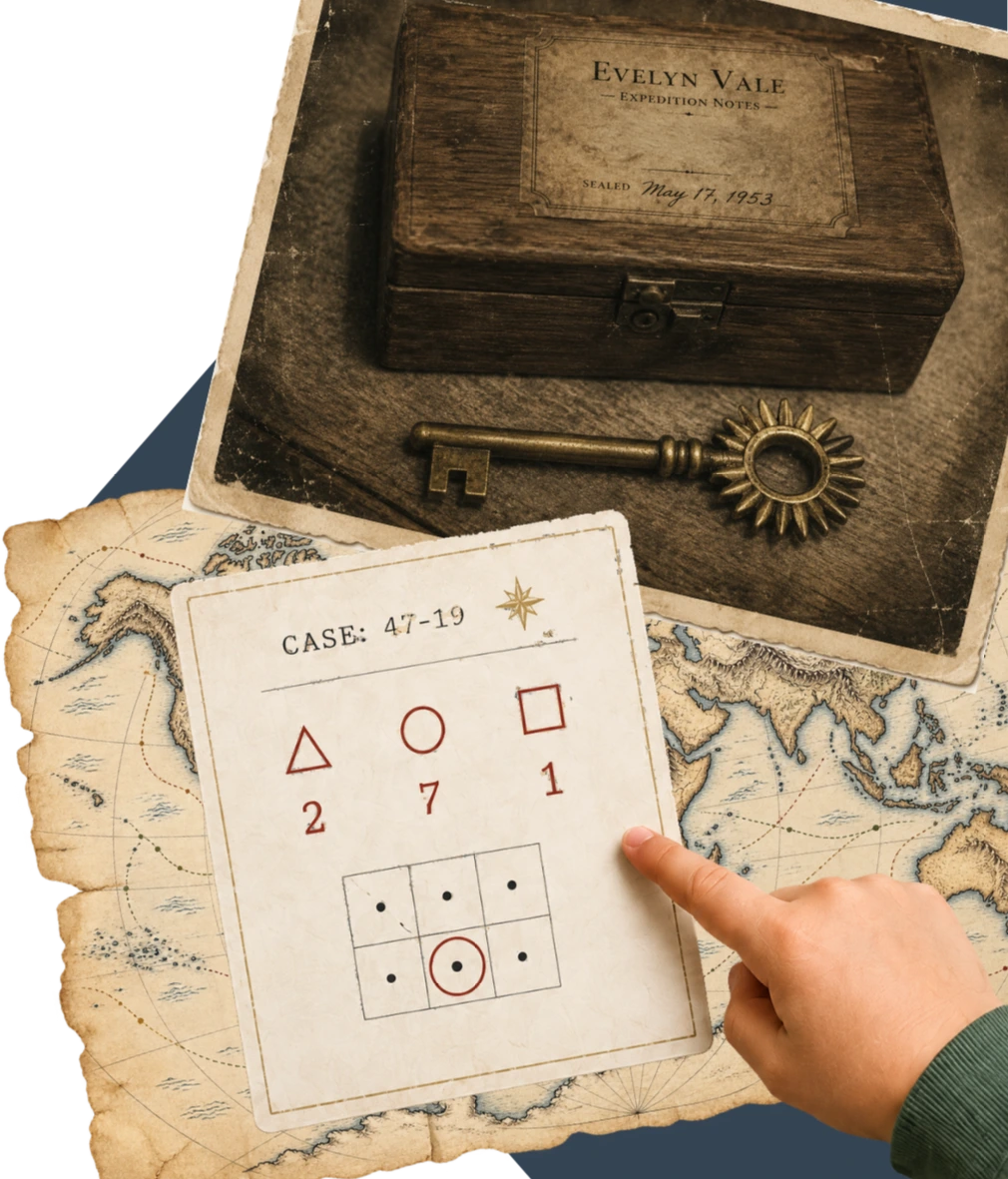 A hand points to a paper labeled 'CASE: 47-19' showing three red shapes (triangle 2, circle 7, square 1) and a 3x3 grid with black dots, one circled in red, over a vintage map. Above is a wooden box labeled 'Evelyn Vale Expedition Notes Sealed May 17, 1953' and a sun-shaped brass key.