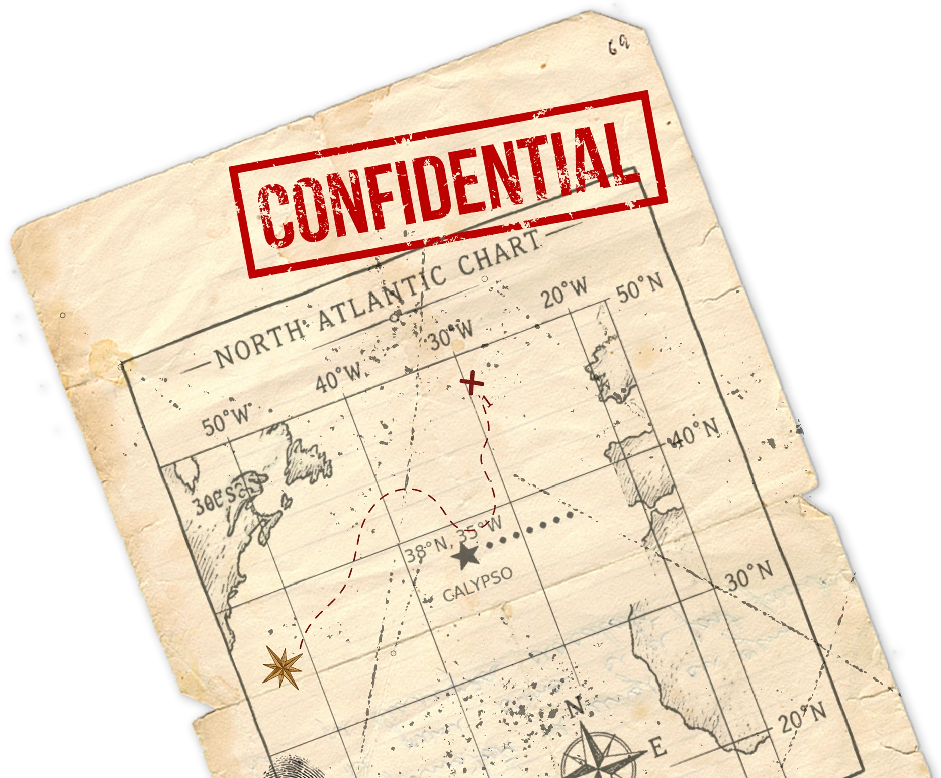 A worn, aged map titled 'North Atlantic Chart' with coordinates marked, a dashed red route from a star labeled 'Calypso' at 38°N, 35°W, ending at a red X near 30°W, 50°N, and stamped in red with the word 'CONFIDENTIAL'.