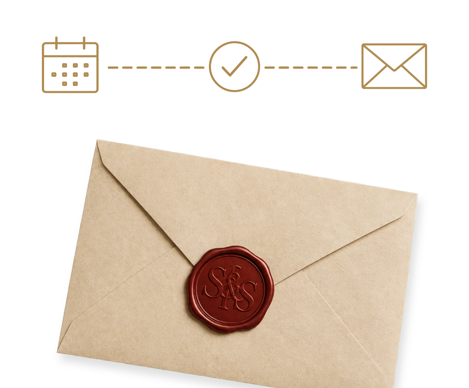 Beige envelope sealed with a red wax stamp embossed with the letters S & A S, with icons above depicting a calendar, checkmark, and envelope connected by dashed lines.