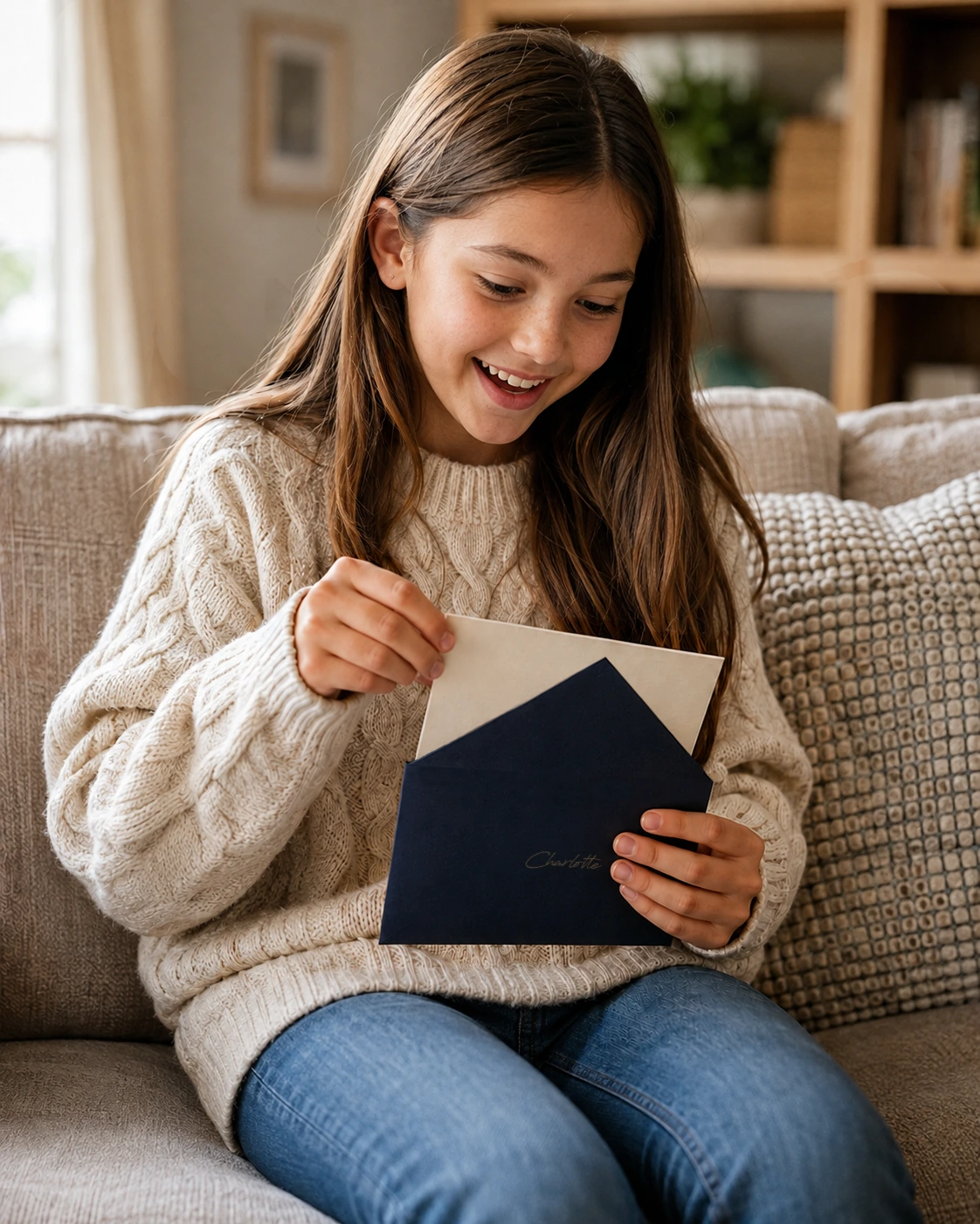 Smiling girl with long brown hair sitting on a beige couch wearing a cream cable-knit sweater and blue jeans while opening a dark blue envelope labeled "Charlotte."