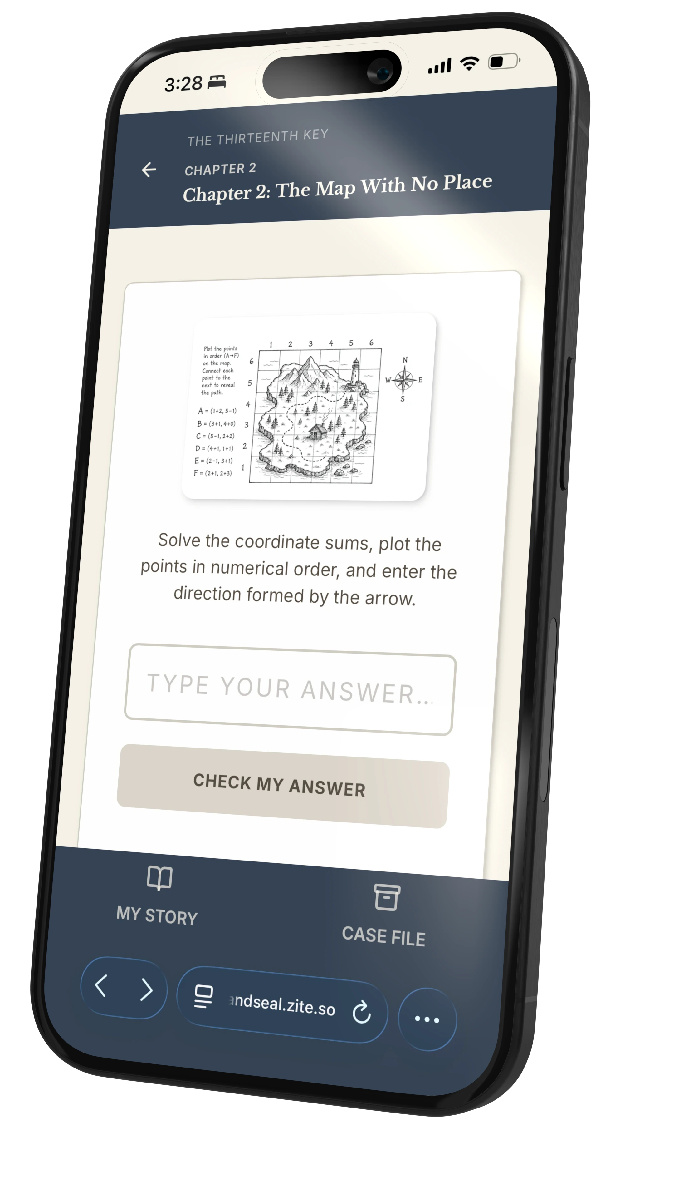 Smartphone screen displaying Chapter 2 titled 'The Map With No Place' from 'The Thirteenth Key'. The screen shows a coordinate plotting activity with a grid map including mountains, trees, a lighthouse, and a cabin. Instructions read: Solve the coordinate sums, plot the points in numerical order, and enter the direction formed by the arrow. There is a text box to type the answer and a 'Check My Answer' button below.