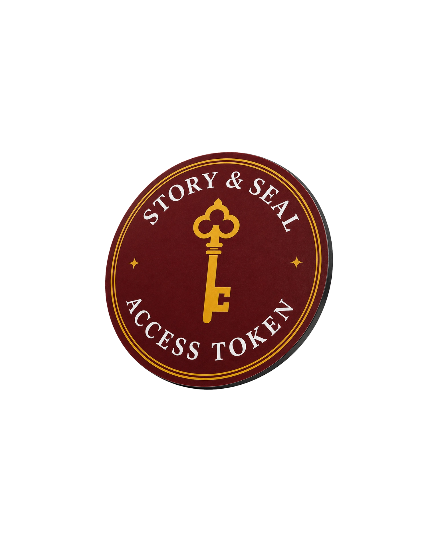 Round maroon token with double yellow border featuring a gold old-fashioned key symbol in the center and white text around it that reads 'STORY & SEAL' above and 'ACCESS TOKEN' below.