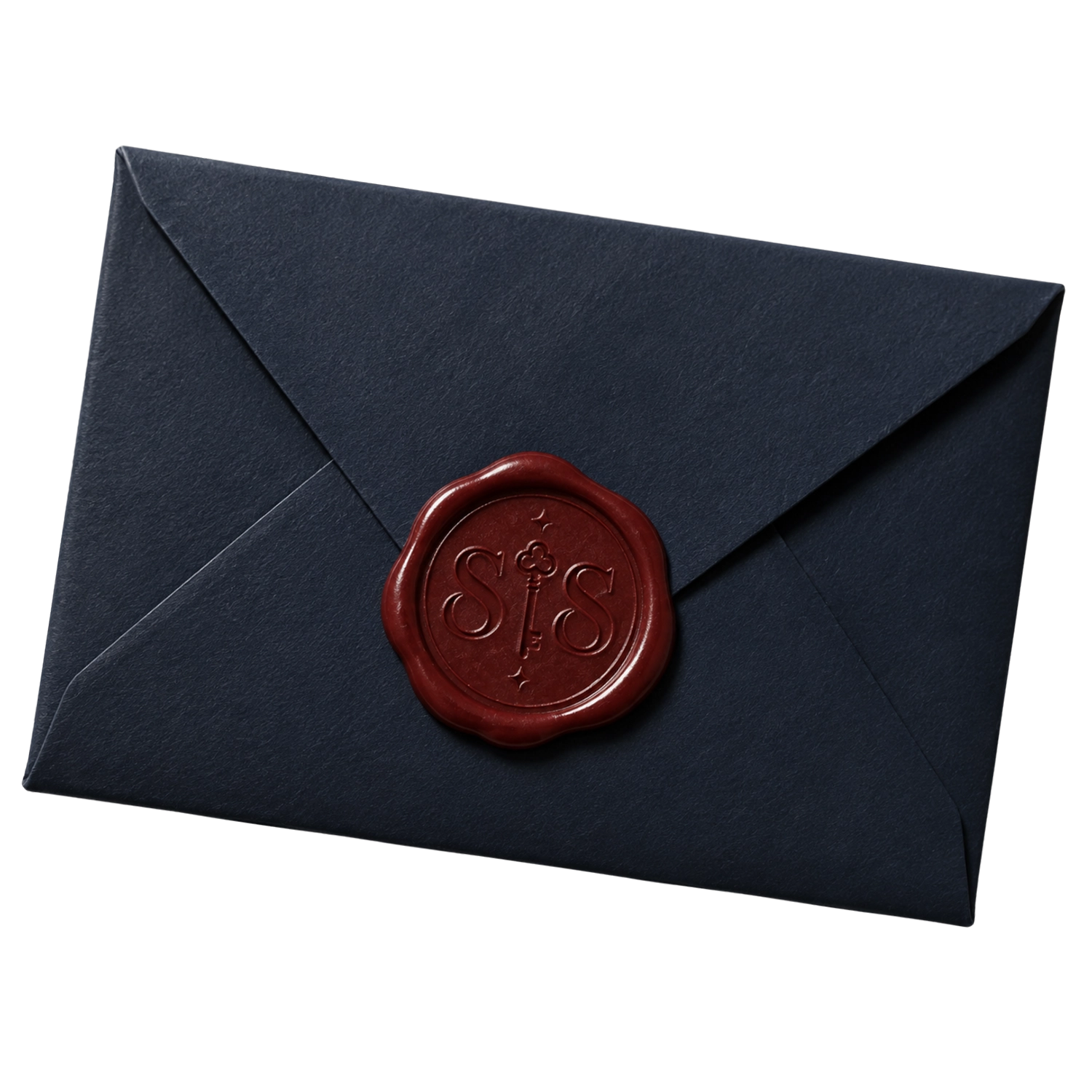 Dark blue envelope sealed with a red wax stamp featuring a key symbol and the letters 'S' on either side.