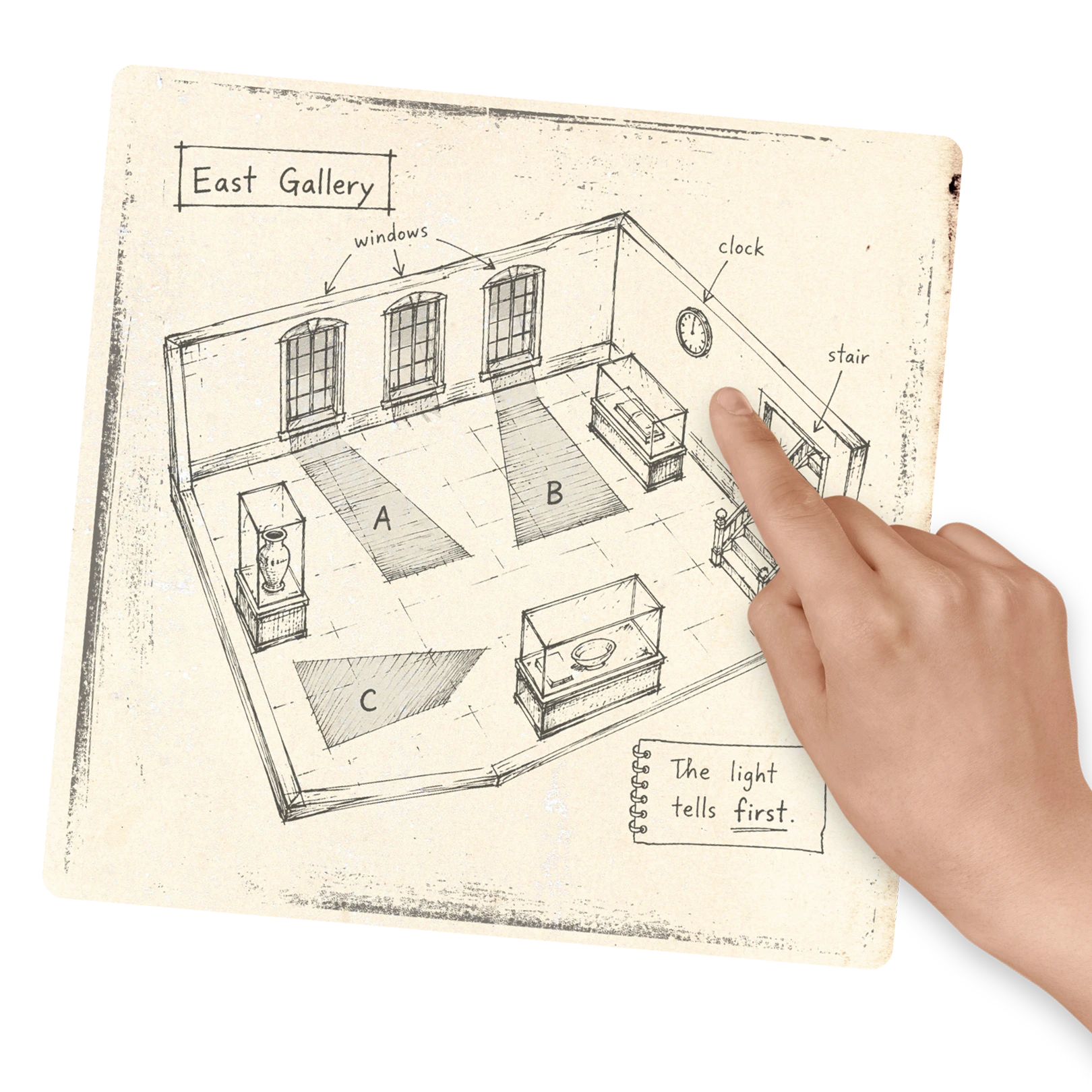 Sketch of a room labeled East Gallery with three windows, a clock on the wall, and a stairway; three floor areas labeled A, B, C along with display cases containing artifacts; a hand pointing near the clock; note saying The light tells first.