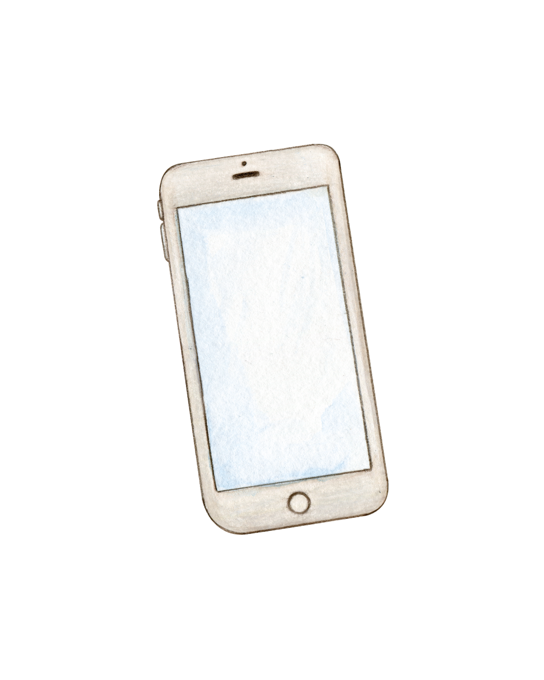 Watercolor illustration of a smartphone with a blank light blue screen, a circular home button at the bottom, and a speaker and front camera at the top.