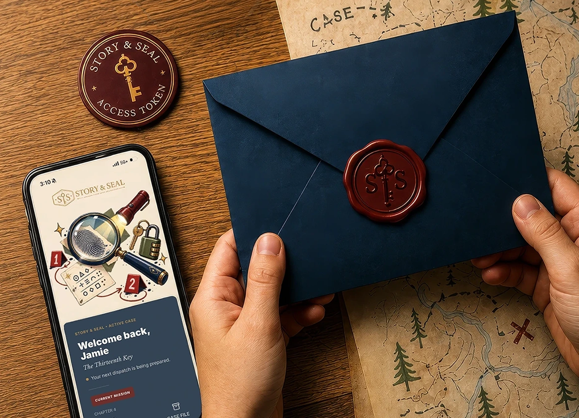 Two hands holding a dark blue envelope sealed with a red wax seal embossed with a key and the initials S&S, next to a smartphone showing the Story & Seal app interface with a welcome message and mission details, and a vintage-style treasure map partially under the envelope on a wooden table.