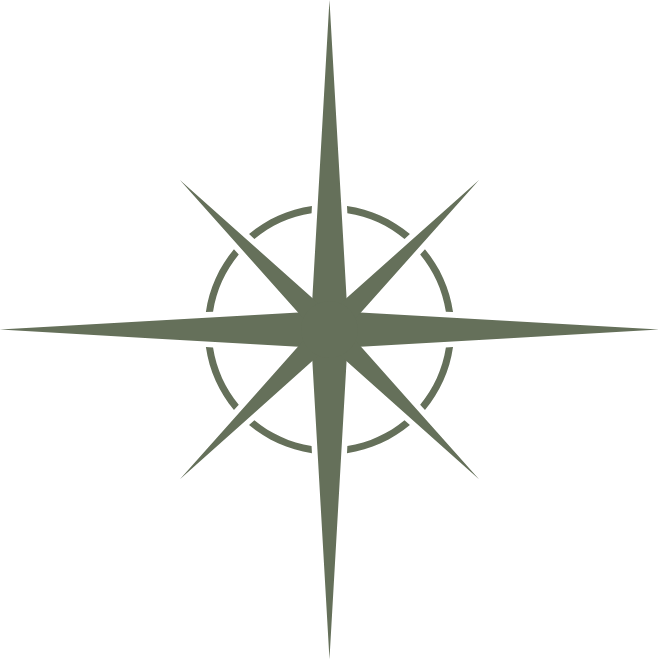 Simple olive green compass rose with eight points and a partial circular outline behind it.