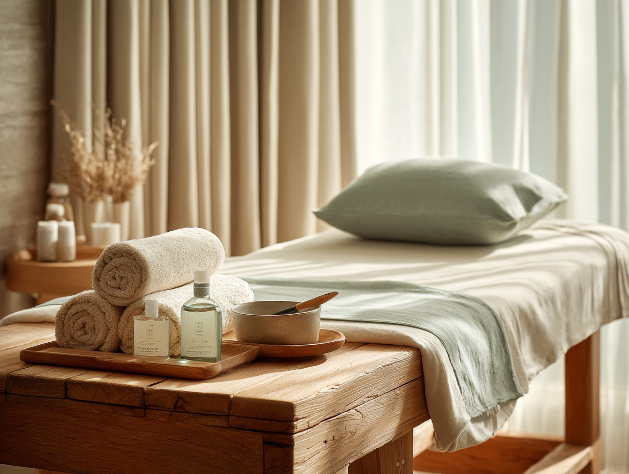 Day spa treatment room with a wooden treatment bed, folded towels, and soft window light
