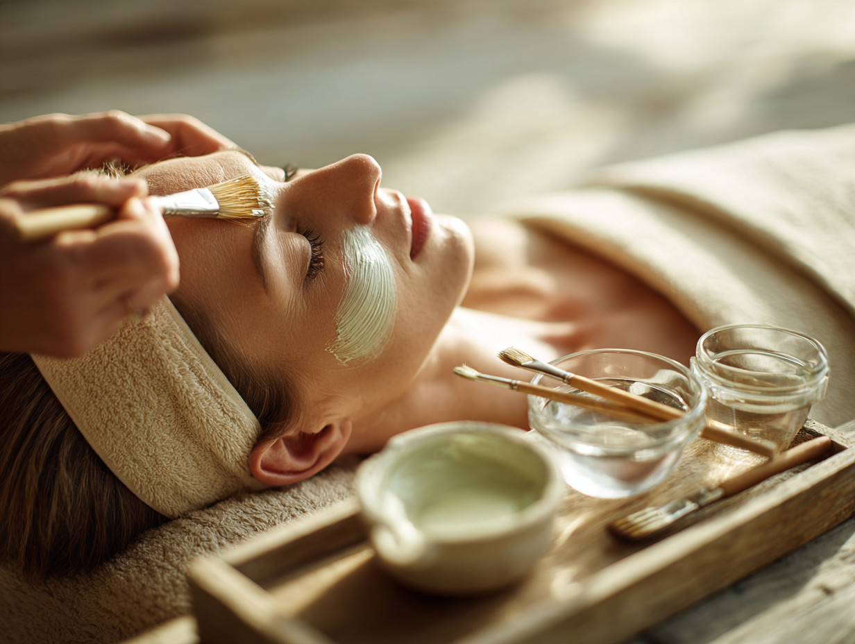 Esthetician applying a facial mask with a brush to a relaxed client
