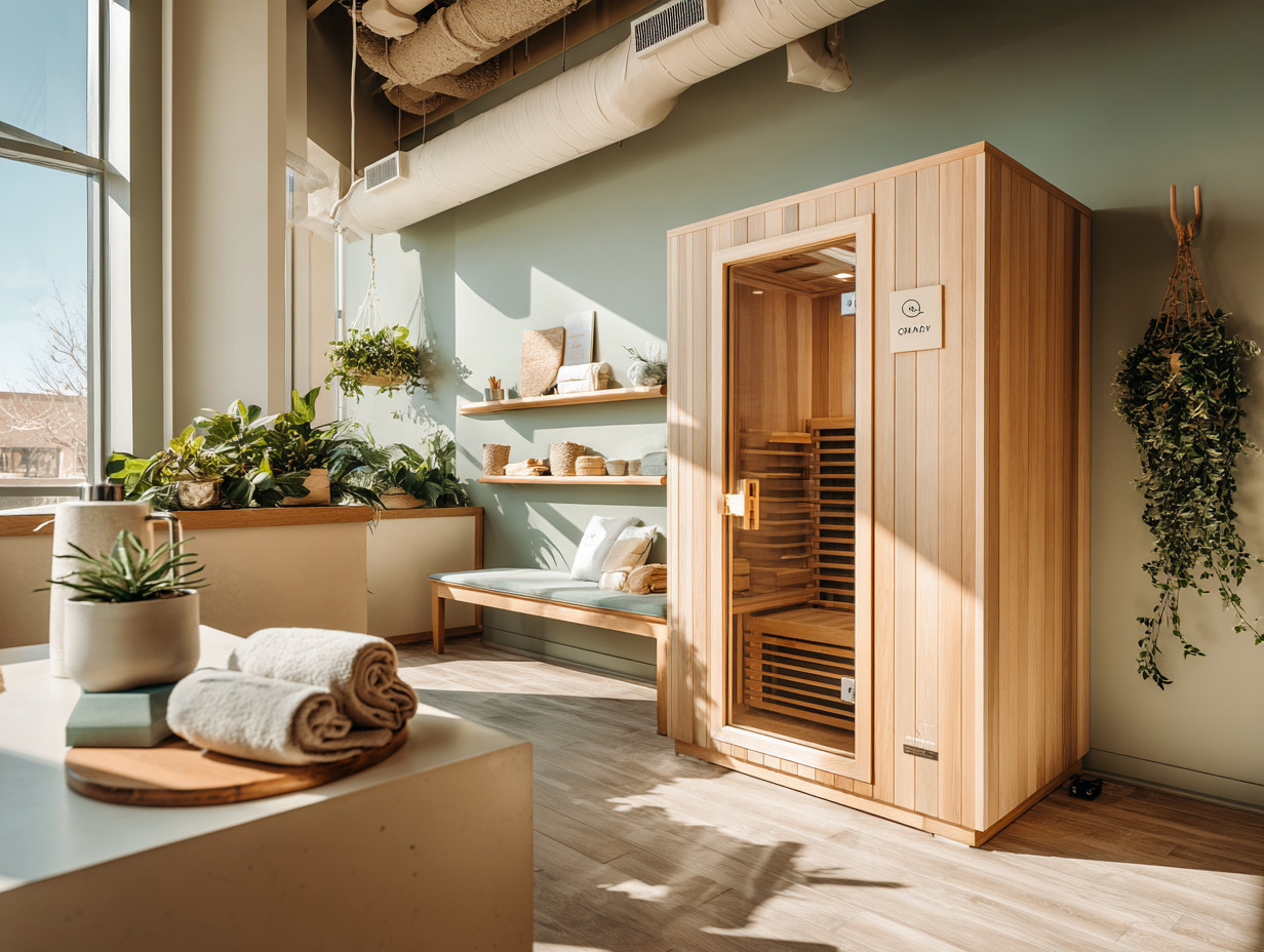 Wellness studio with an infrared sauna cabin, plants, and folded towels