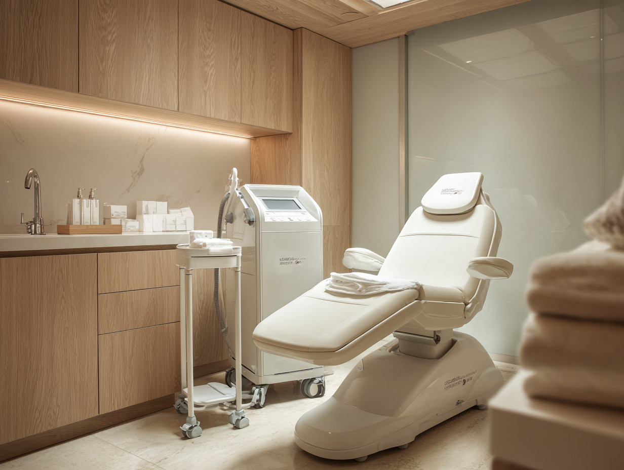 Med spa treatment room with a treatment chair and an aesthetic device on a cart
