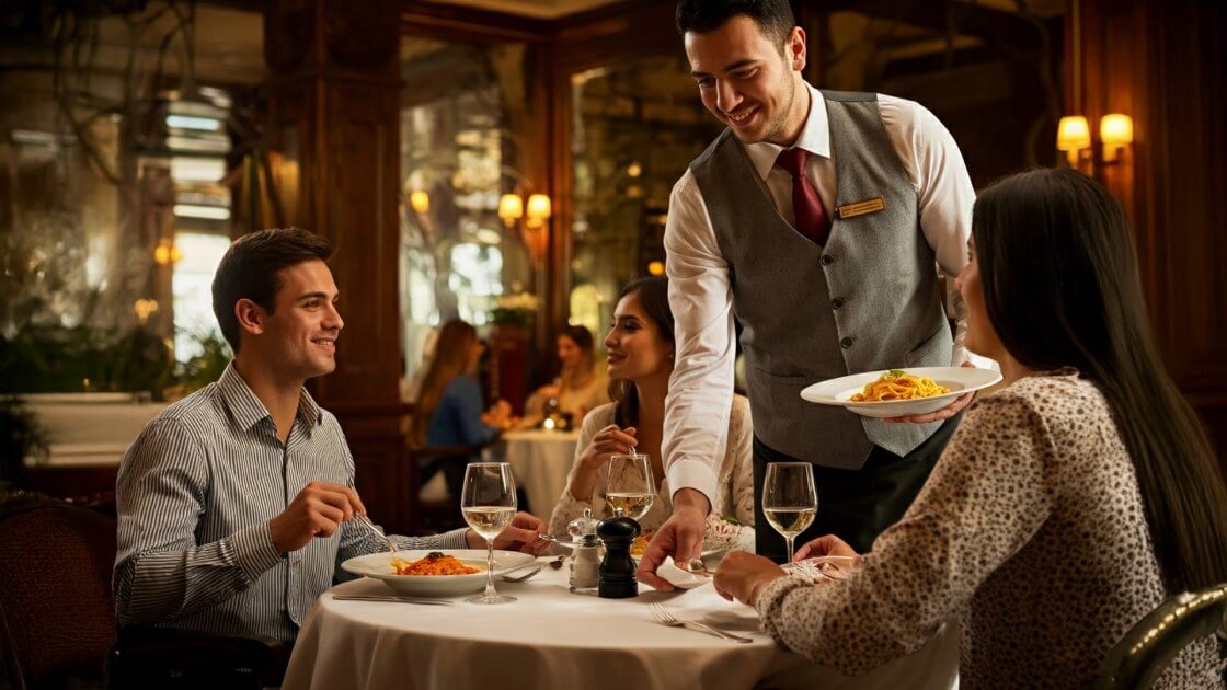 Casal sendo servido em restaurante_como atrair e fidelizar clientes em bares e restaurantes