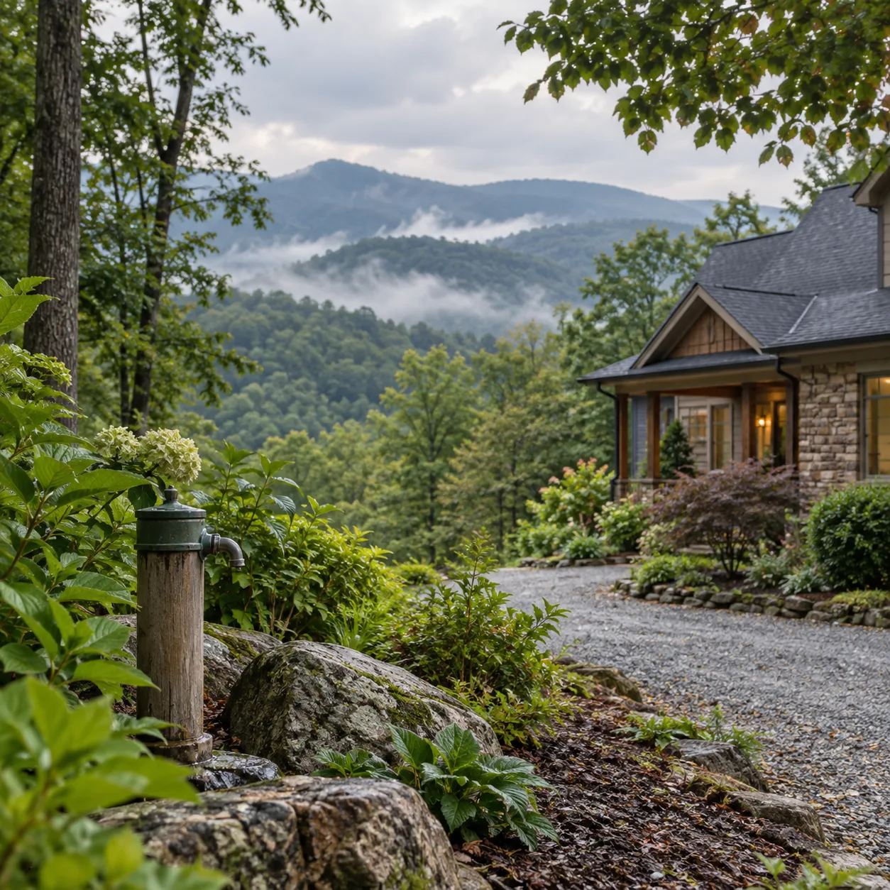 A Western North Carolina home and water-source detail in the Blue Ridge Mountains