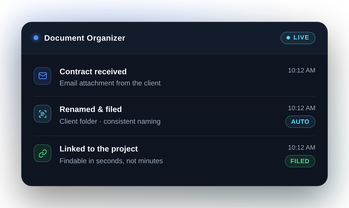 Moredo Document Organizer reading an incoming document, naming it and filing it in the right folder