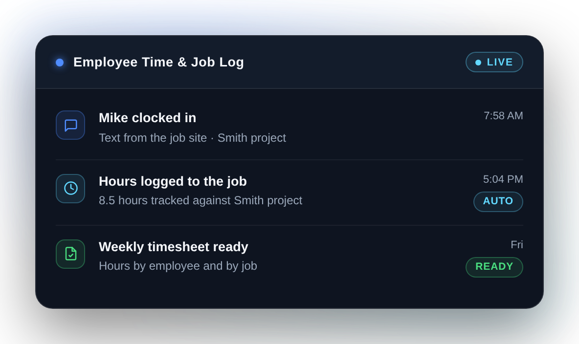 Moredo Employee Time and Job Log system recording a clock-in against a job and building the timesheet